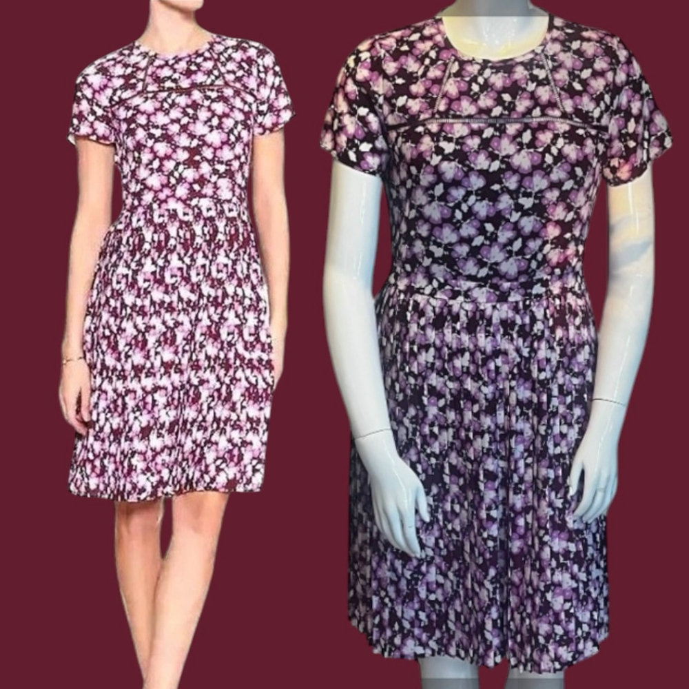 Banana Republic Ginkgo Floral Burgundy Pleated Fit & Flare Dress, 12